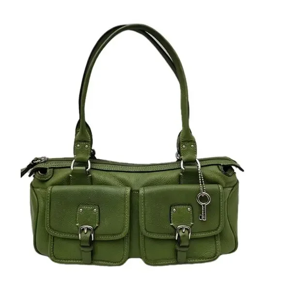 Fossil Satchel Purse Tote Green Leather Top Handles Buckle Pockets Doctors Bag - Picture 1 of 14